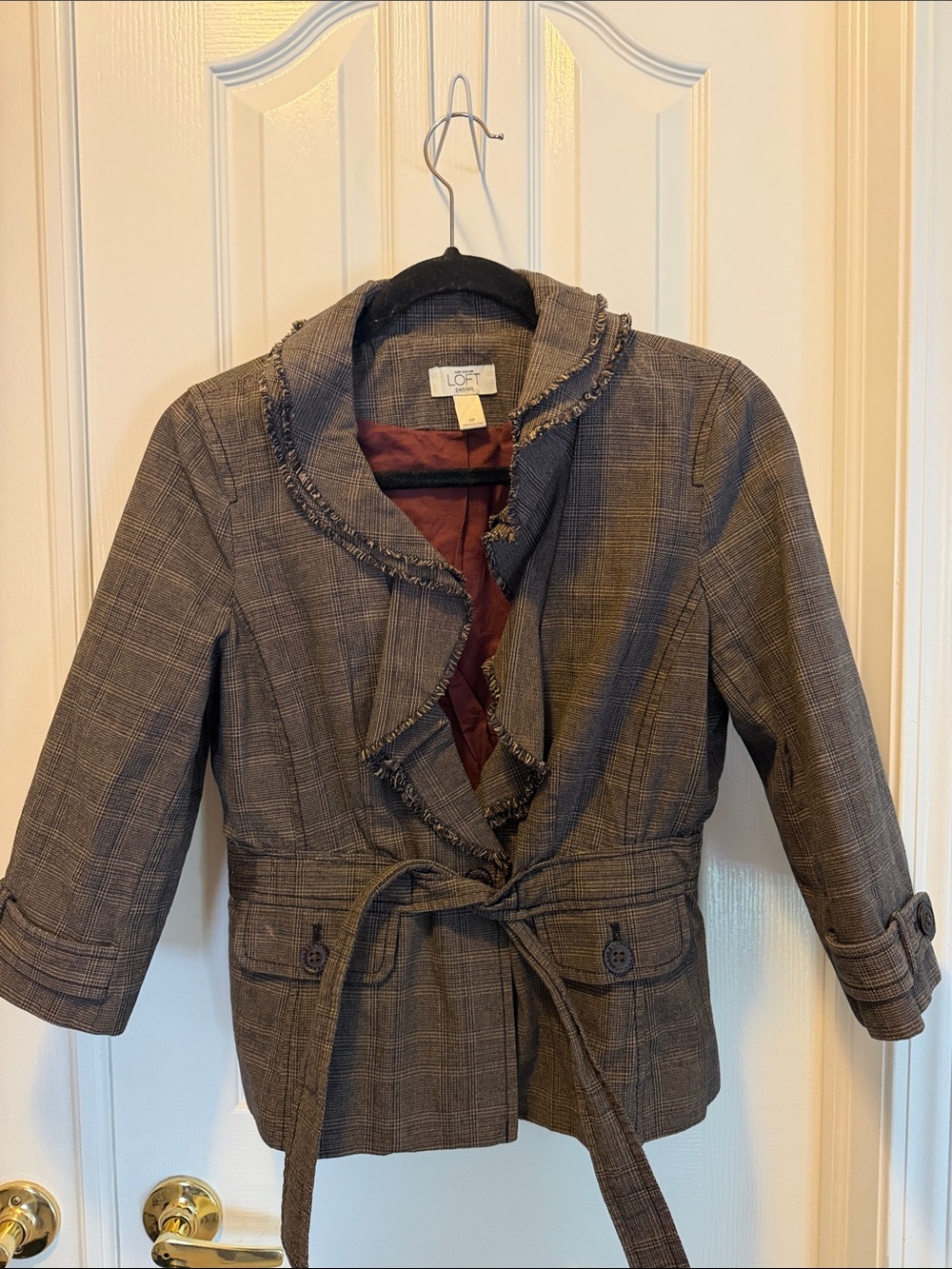 LOFT Gray Plaid Belted Ruffle-Collar Jacket